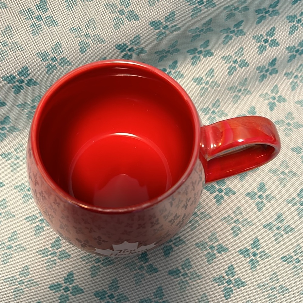 Tim Hortons 2020 Red & White Maple Leaf Barrel Shaped Coffee Mug Cup 12 oz - Picture 3 of 6